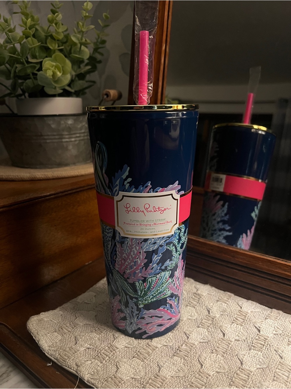 LILLY PULITZER Classic Tumbler with Straw "Bringing Mermaid Back" Pink Blue Gold